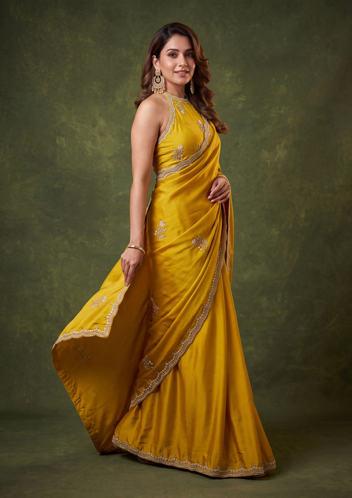 Mustard Yellow Crepe Sequins Saree With Matching Blouse Piece