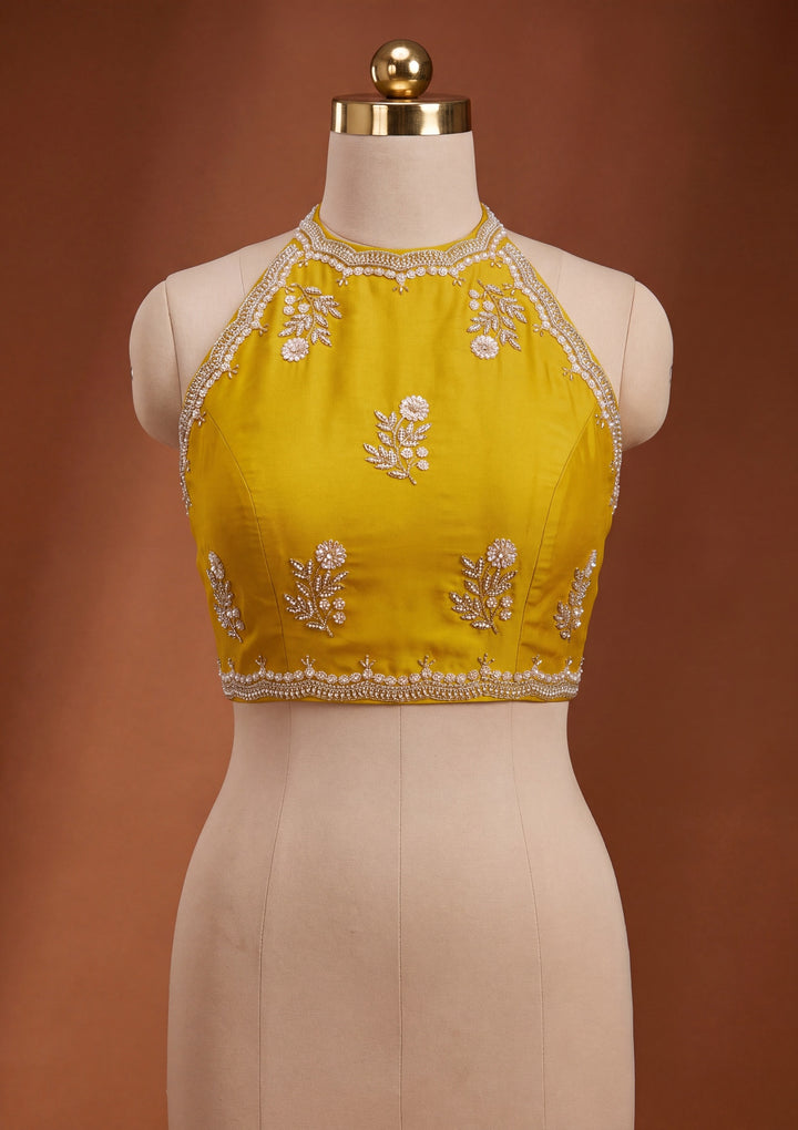 Mustard Yellow Crepe Sequins Saree With Matching Blouse Piece