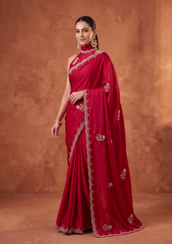 Rani Pink Crepe Sequins Saree With Matching Blouse Piece