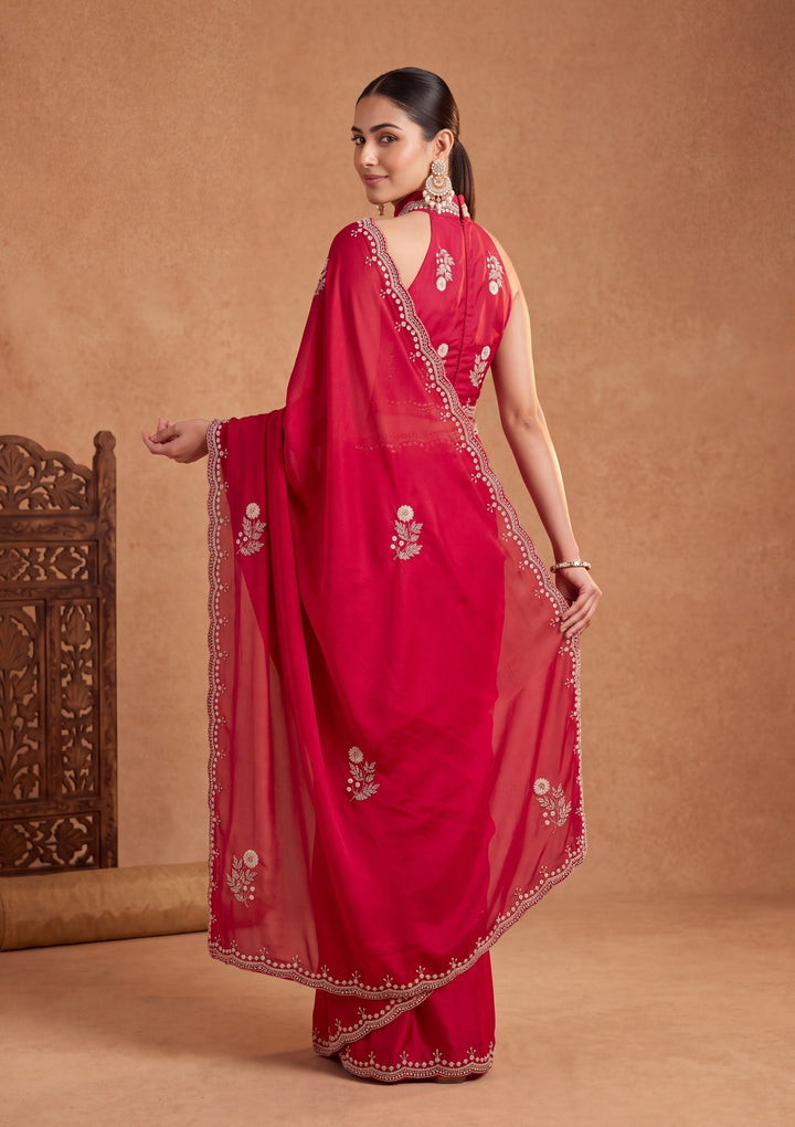 Rani Pink Crepe Sequins Saree With Matching Blouse Piece