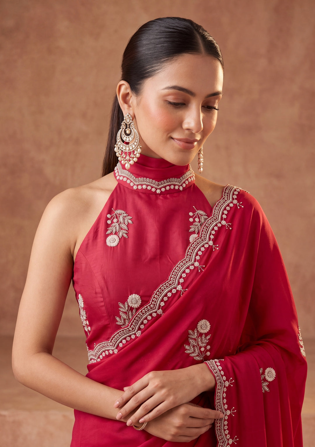 Rani Pink Crepe Sequins Saree With Matching Blouse Piece