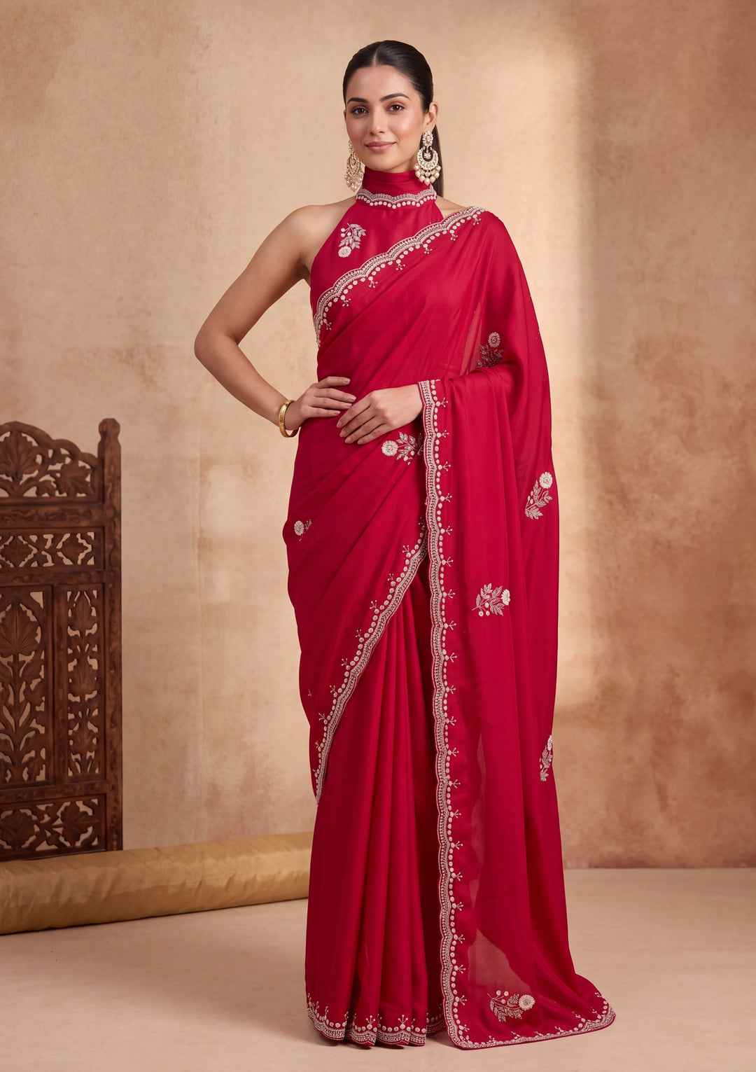 Rani Pink Crepe Sequins Saree With Matching Blouse Piece