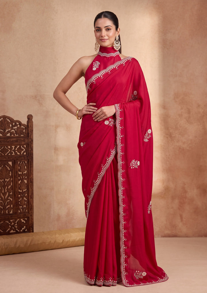 Rani Pink Crepe Sequins Saree With Matching Blouse Piece