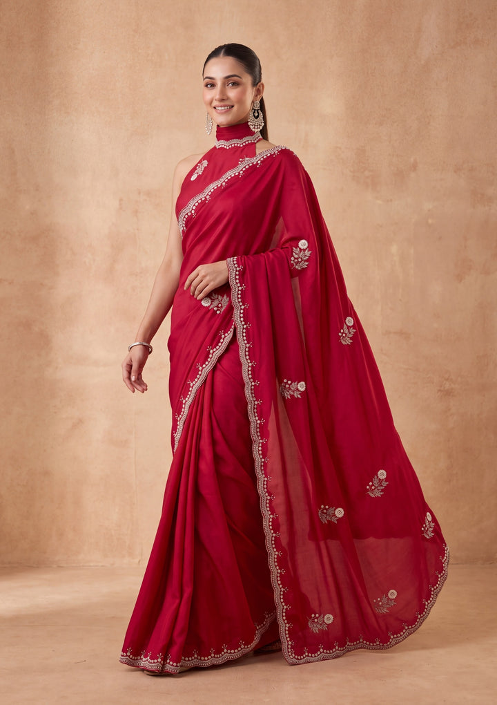 Rani Pink Crepe Sequins Saree With Matching Blouse Piece