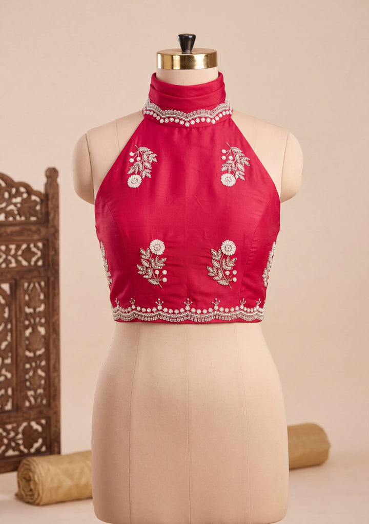 Rani Pink Crepe Sequins Saree With Matching Blouse Piece