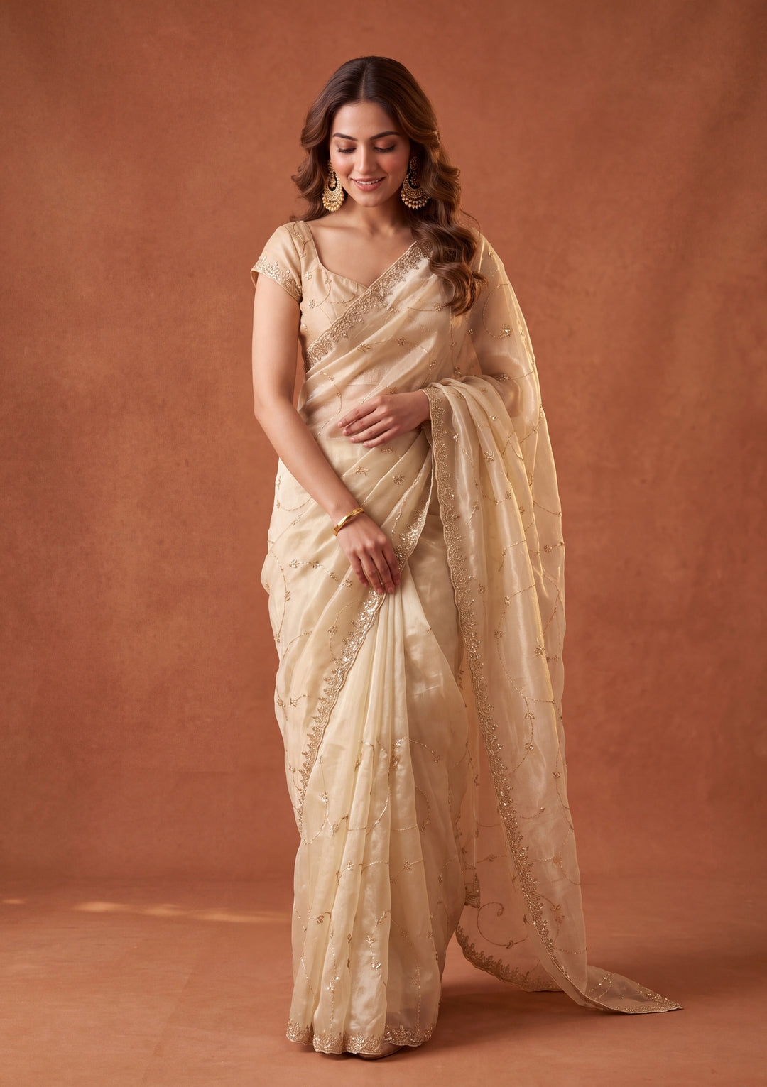 Off White Tissue Cutdana Saree With Matching Blouse Piece