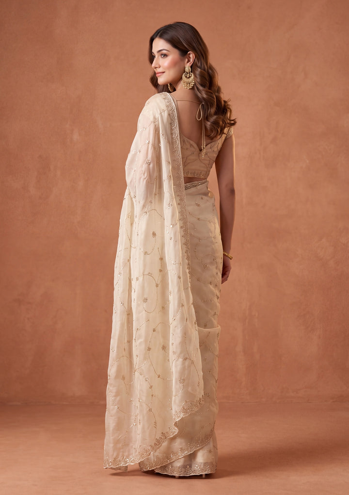 Off White Tissue Cutdana Saree With Matching Blouse Piece