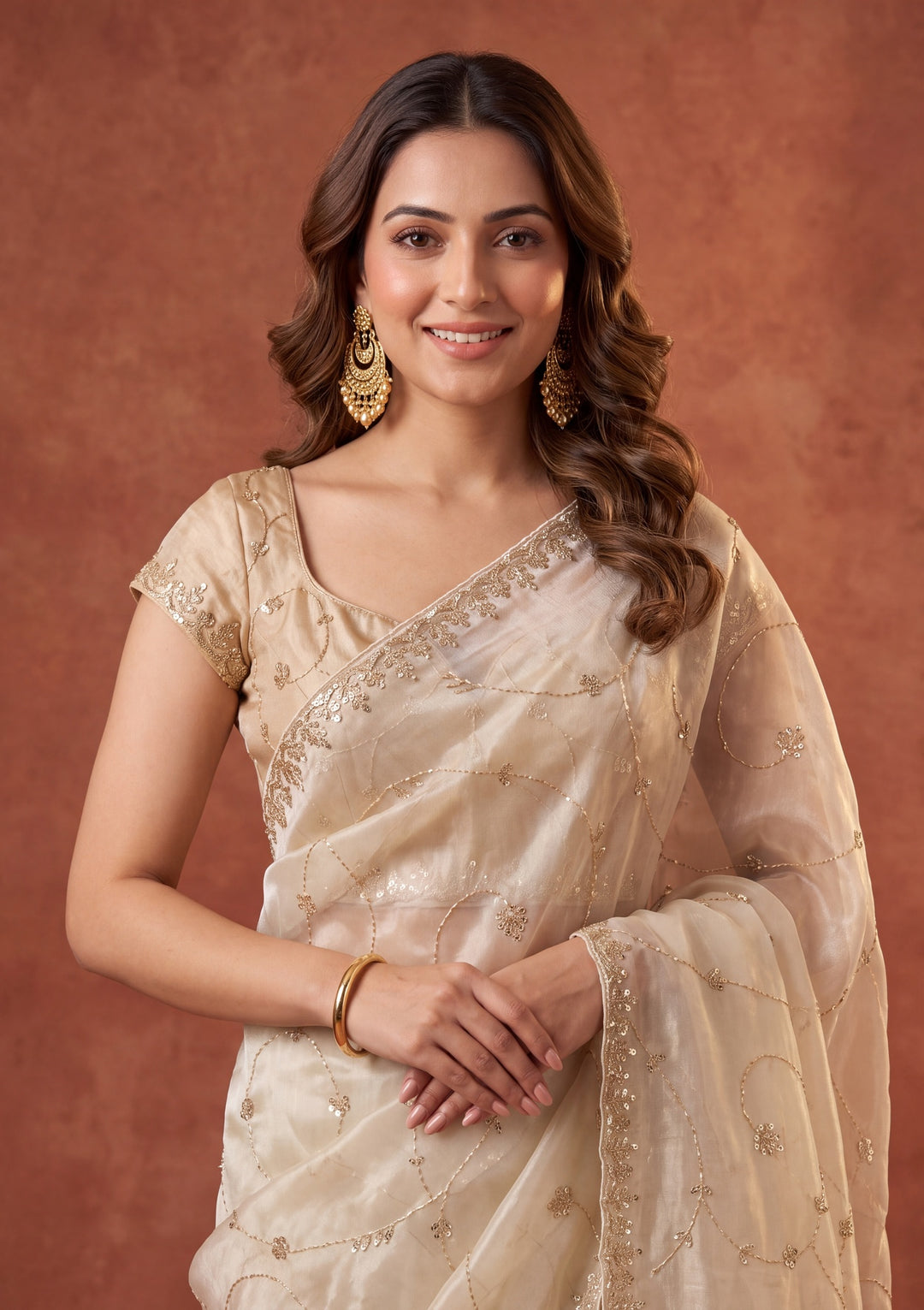Off White Tissue Cutdana Saree With Matching Blouse Piece