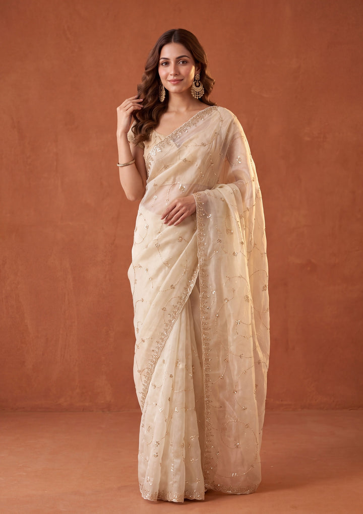 Off White Tissue Cutdana Saree With Matching Blouse Piece
