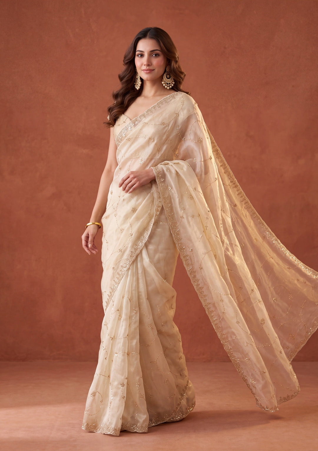 Off White Tissue Cutdana Saree With Matching Blouse Piece