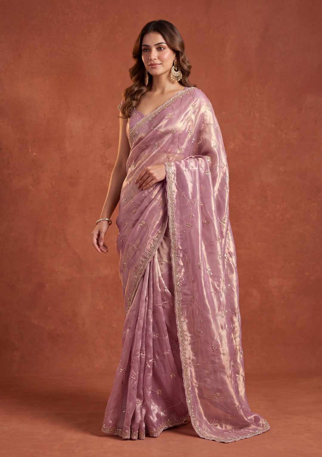 Onion Pink Tissue Cutdana Saree With Matching Blouse Piece