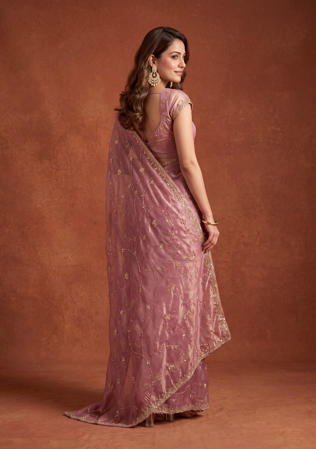 Onion Pink Tissue Cutdana Saree With Matching Blouse Piece