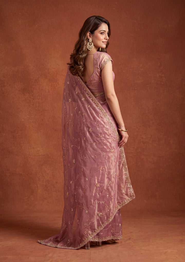 Onion Pink Tissue Cutdana Saree With Matching Blouse Piece