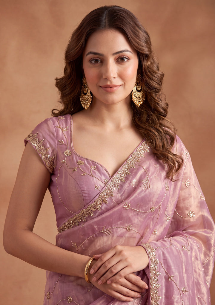 Onion Pink Tissue Cutdana Saree With Matching Blouse Piece