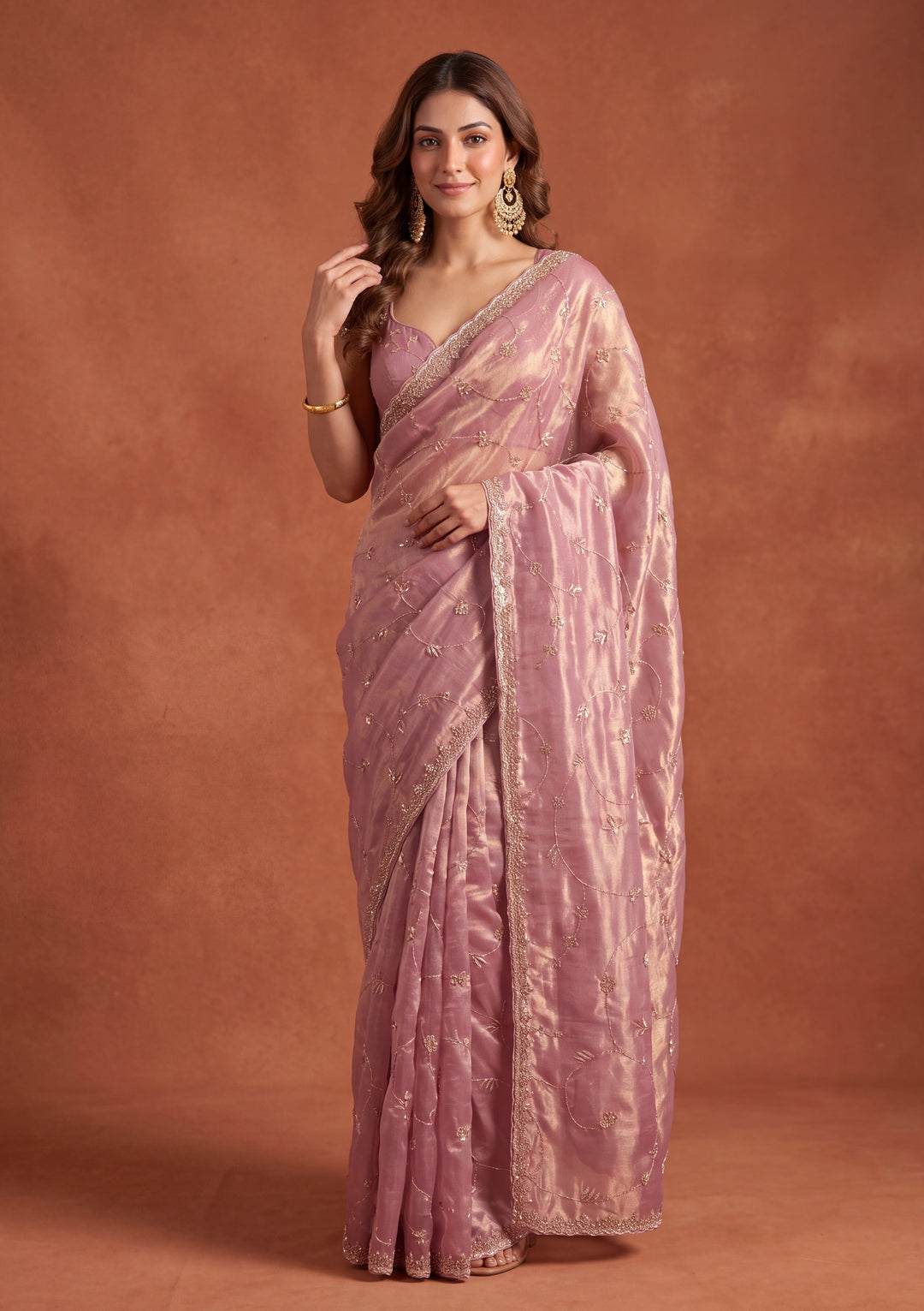 Onion Pink Tissue Cutdana Saree With Matching Blouse Piece