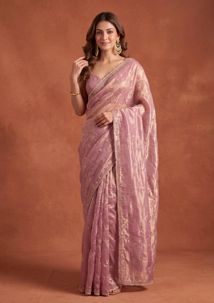 Onion Pink Tissue Cutdana Saree With Matching Blouse Piece