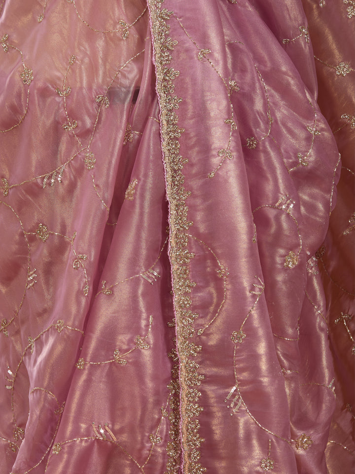 Onion Pink Tissue Cutdana Saree With Matching Blouse Piece