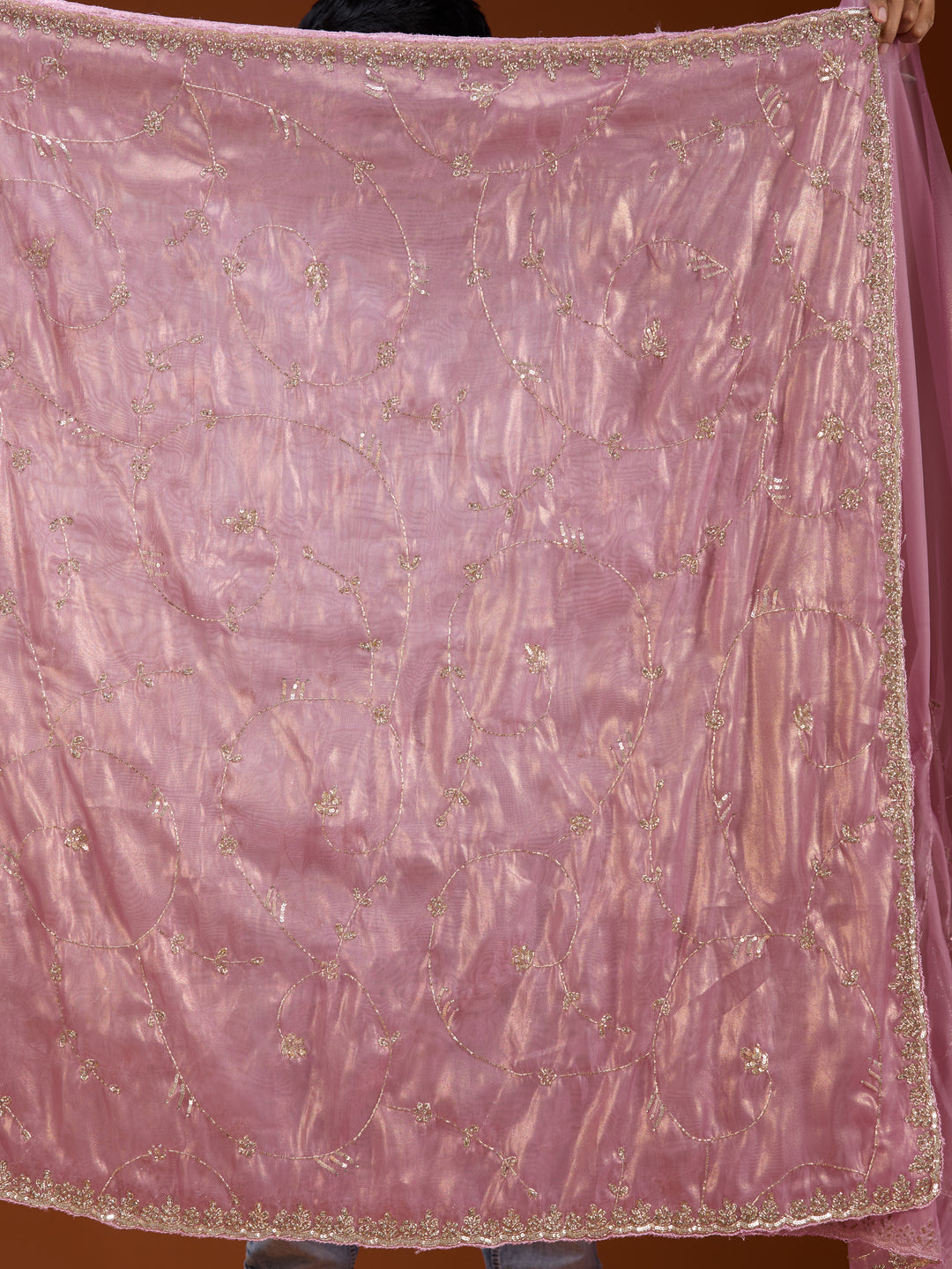 Onion Pink Tissue Cutdana Saree With Matching Blouse Piece