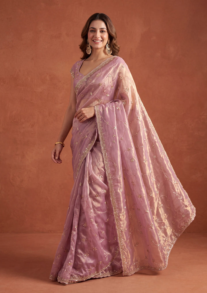 Onion Pink Tissue Cutdana Saree With Matching Blouse Piece