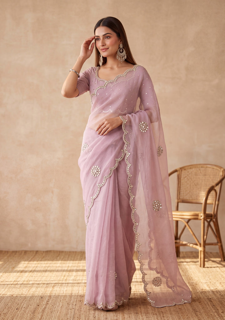 Lavender Tissue Mirrorwork Saree With Matching Blouse Piece
