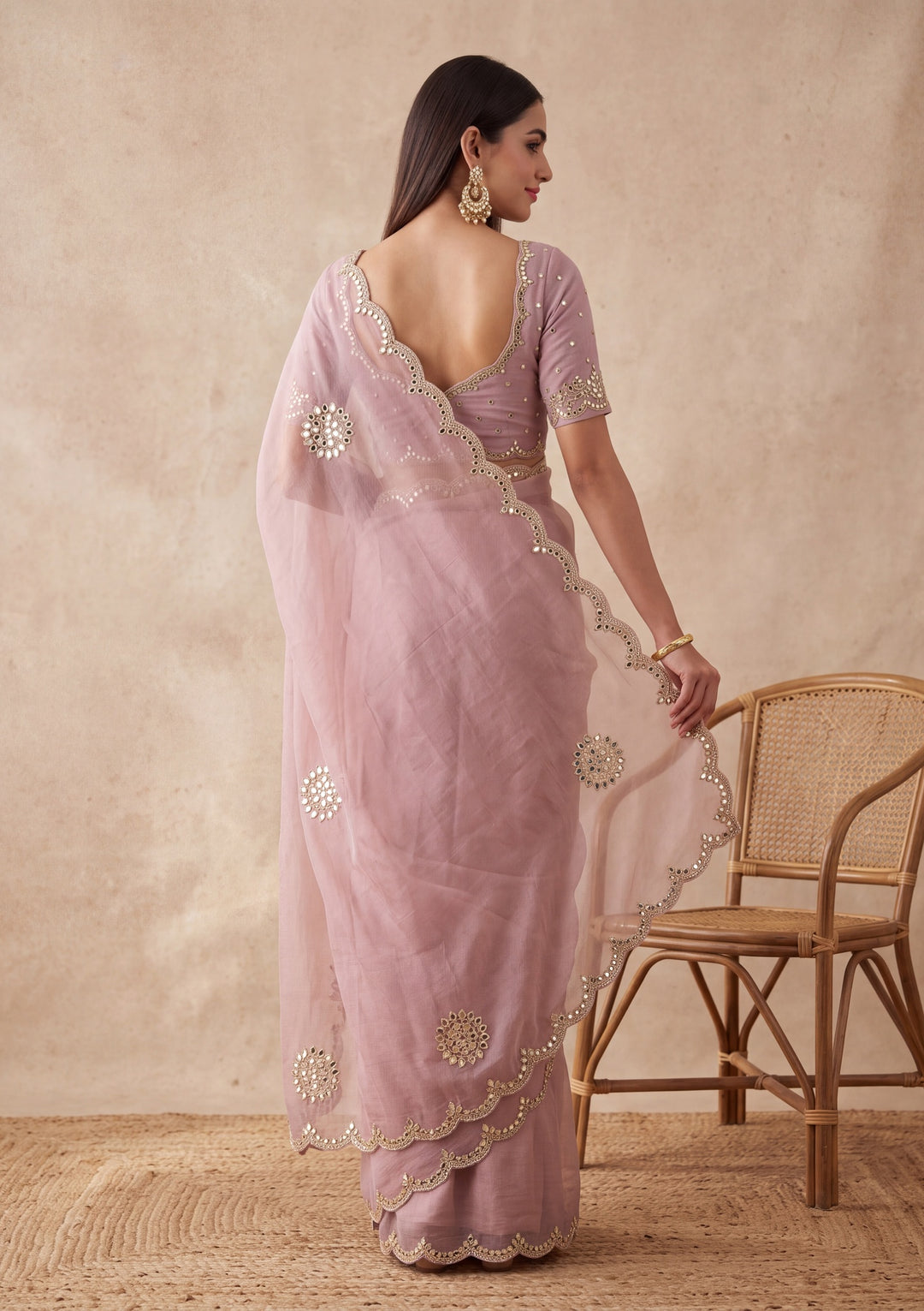 Lavender Tissue Mirrorwork Saree With Matching Blouse Piece