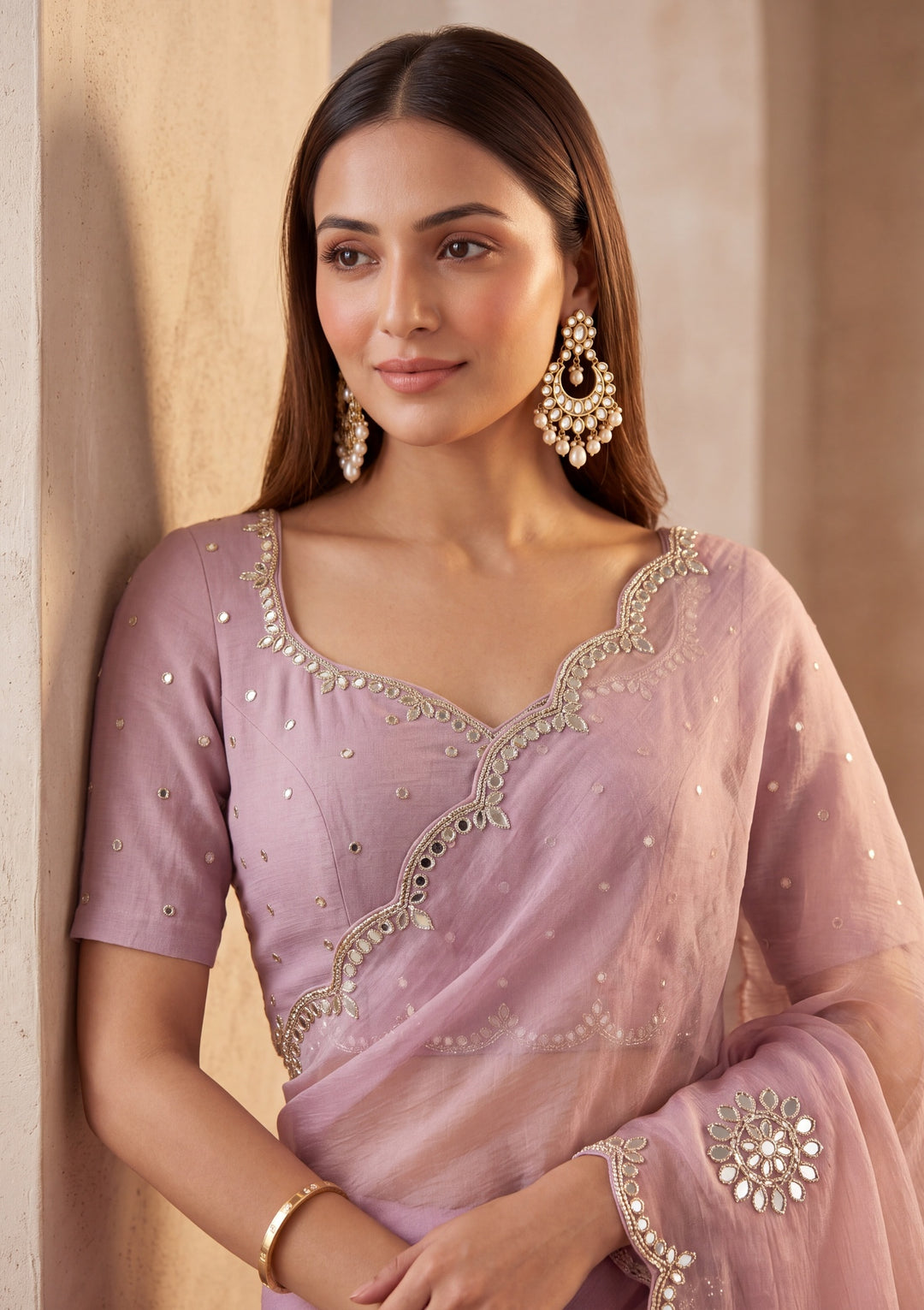 Lavender Tissue Mirrorwork Saree With Matching Blouse Piece