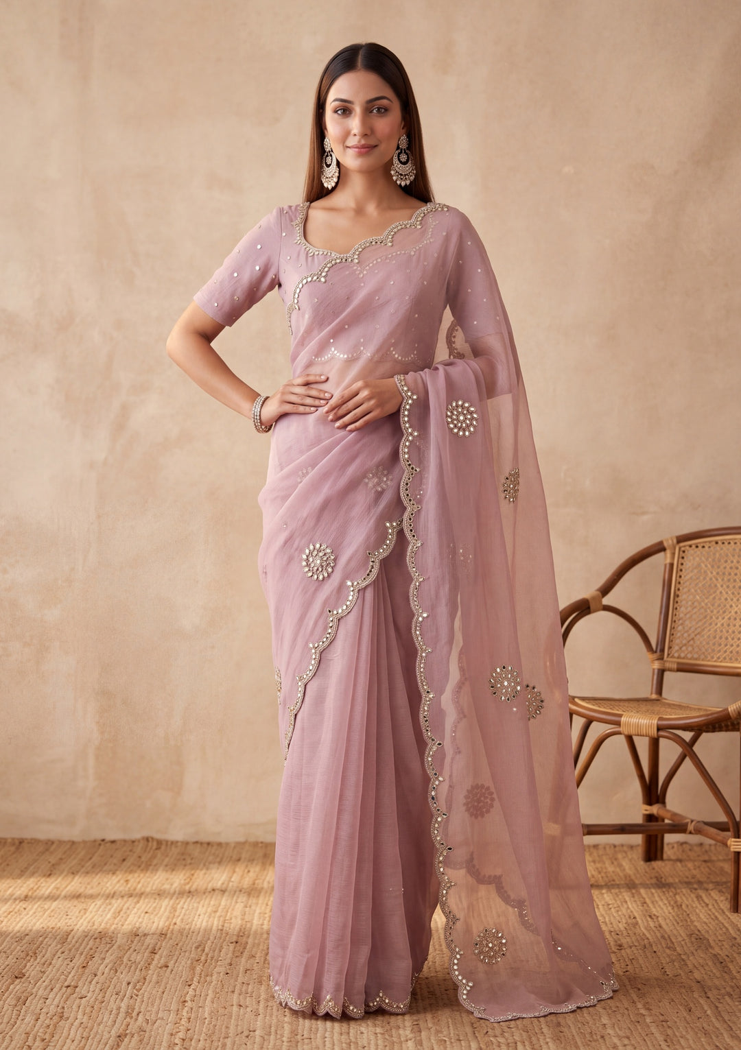 Lavender Tissue Mirrorwork Saree With Matching Blouse Piece