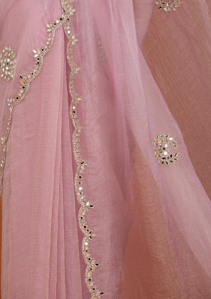 Lavender Tissue Mirrorwork Saree With Matching Blouse Piece