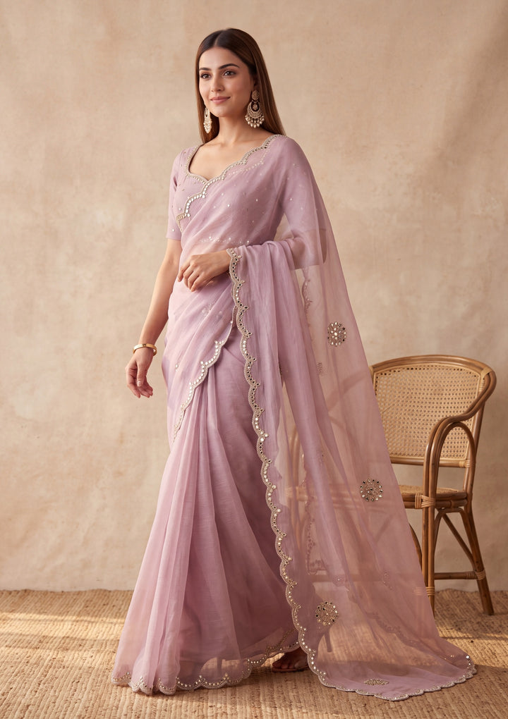 Lavender Tissue Mirrorwork Saree With Matching Blouse Piece