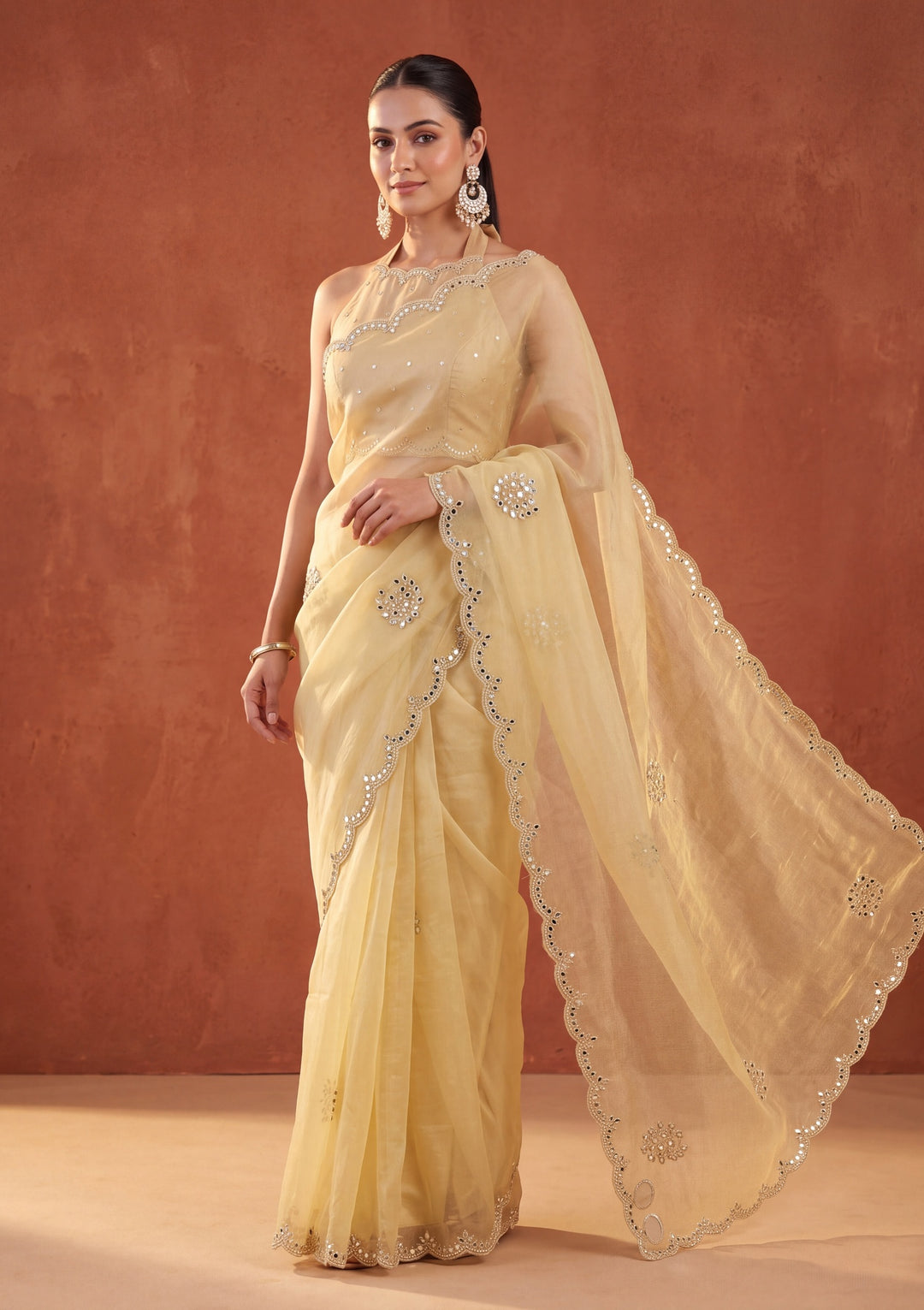 Lemon Yellow Tissue Mirrorwork Saree With Matching Blouse Piece