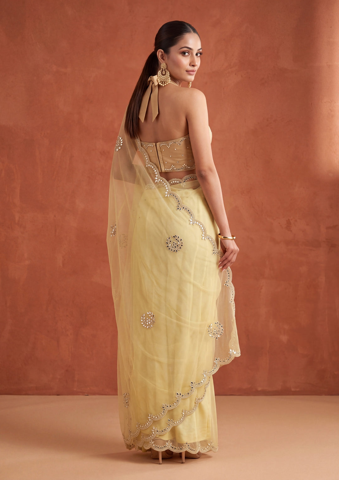 Lemon Yellow Tissue Mirrorwork Saree With Matching Blouse Piece