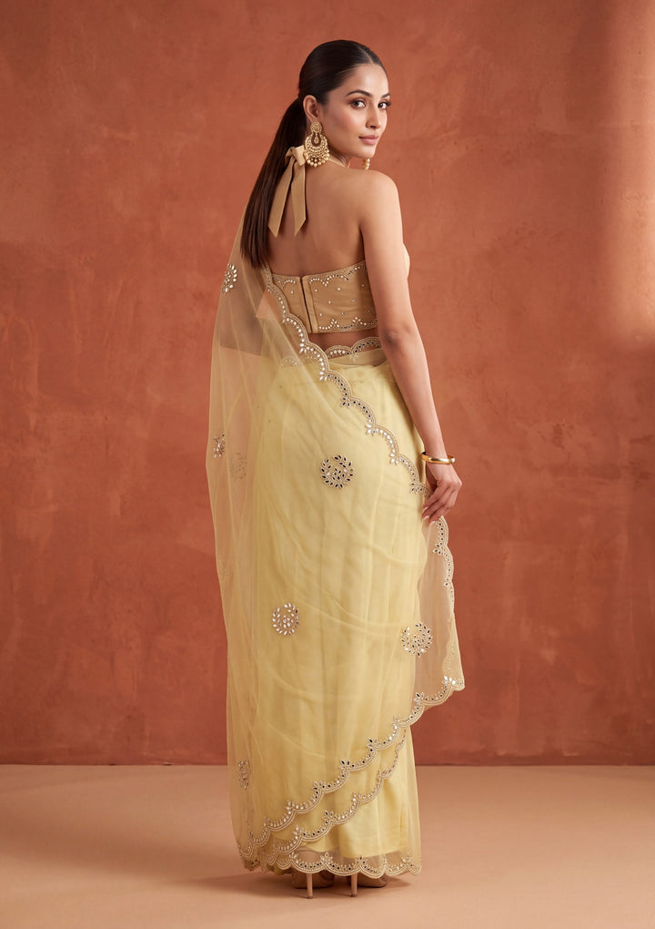 Lemon Yellow Tissue Mirrorwork Saree With Matching Blouse Piece