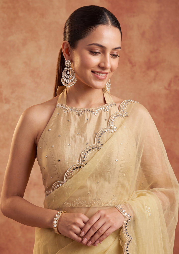 Lemon Yellow Tissue Mirrorwork Saree With Matching Blouse Piece