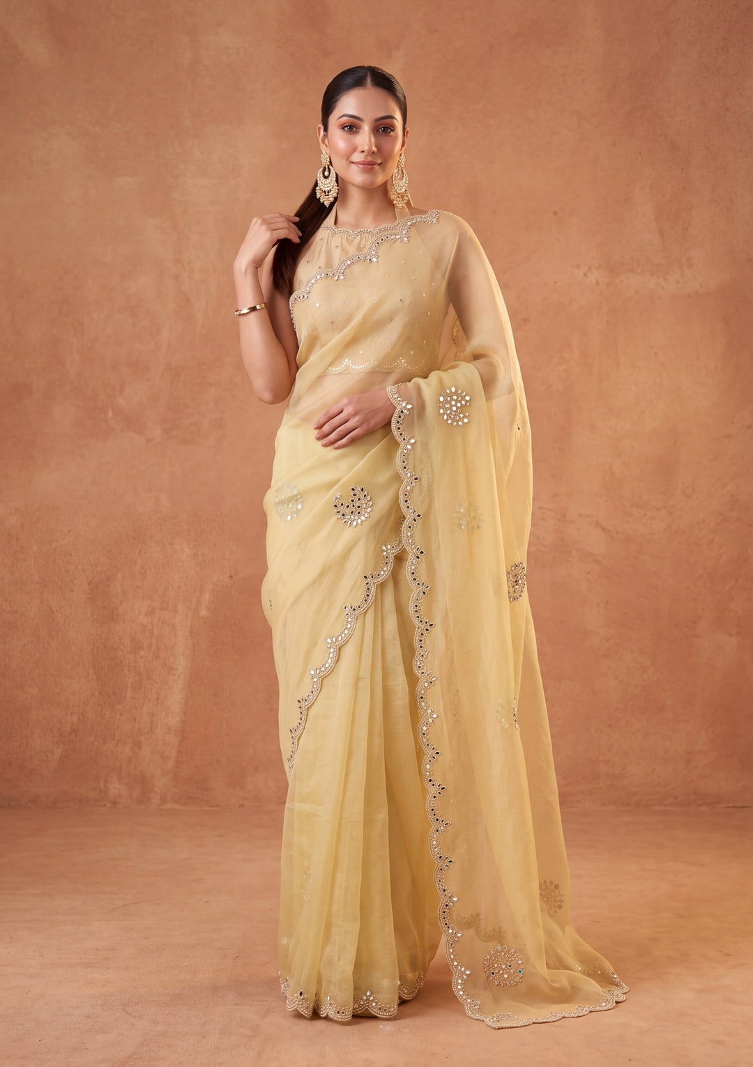 Lemon Yellow Tissue Mirrorwork Saree With Matching Blouse Piece