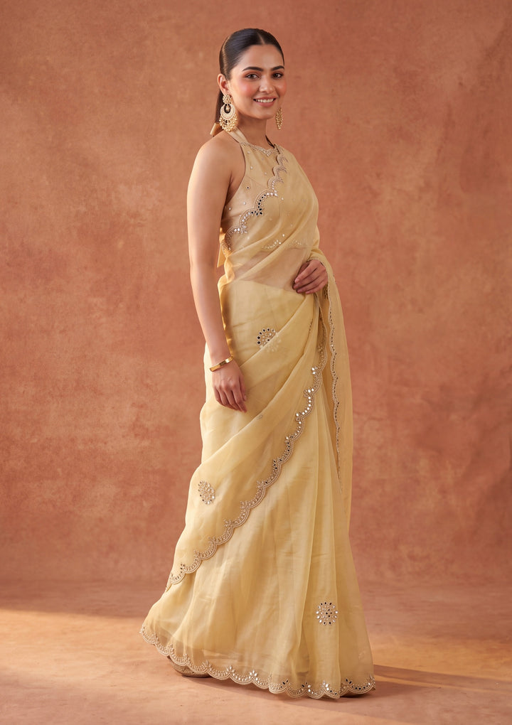 Lemon Yellow Tissue Mirrorwork Saree With Matching Blouse Piece