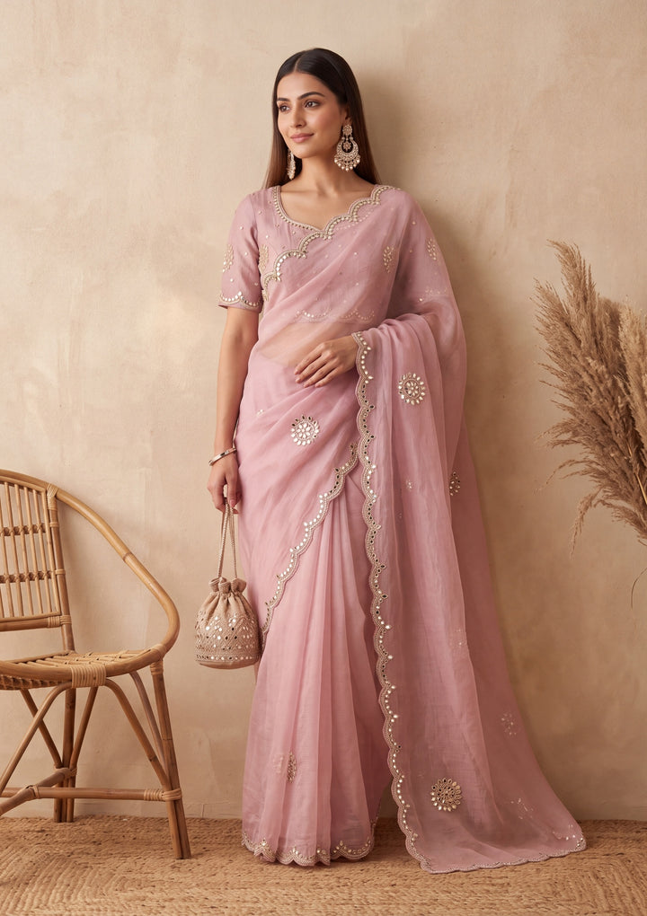 Pink Tissue Mirrorwork Saree With Matching Blouse Piece