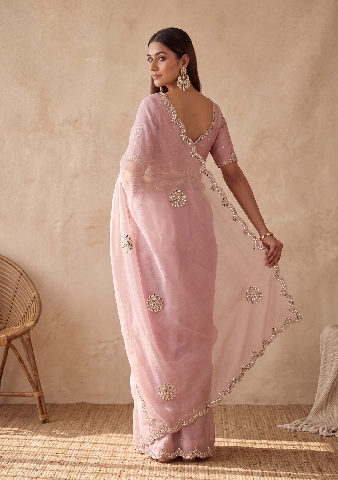Pink Tissue Mirrorwork Saree With Matching Blouse Piece