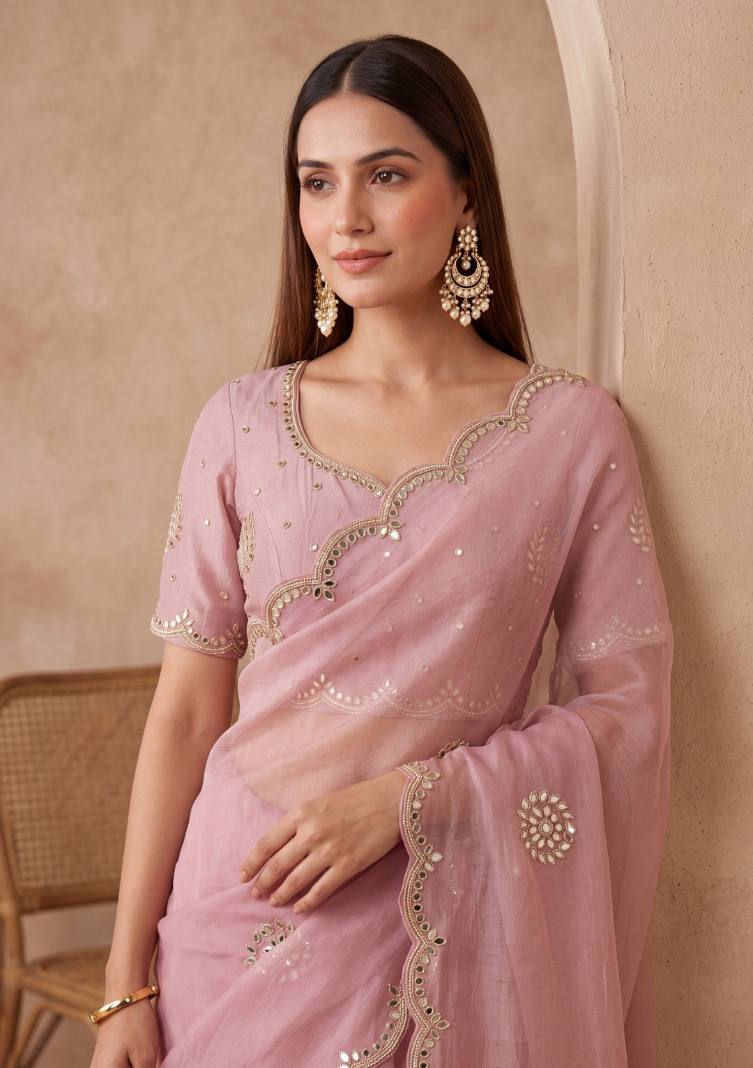 Pink Tissue Mirrorwork Saree With Matching Blouse Piece