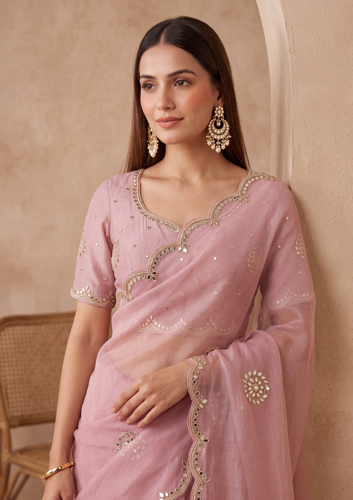 Pink Tissue Mirrorwork Saree With Matching Blouse Piece