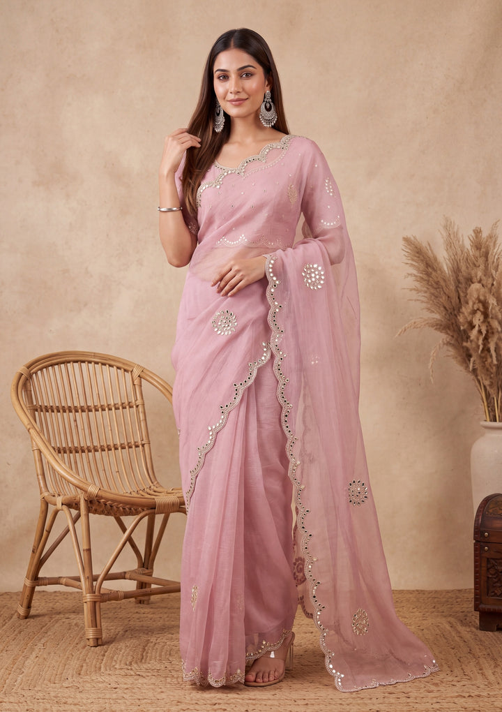 Pink Tissue Mirrorwork Saree With Matching Blouse Piece