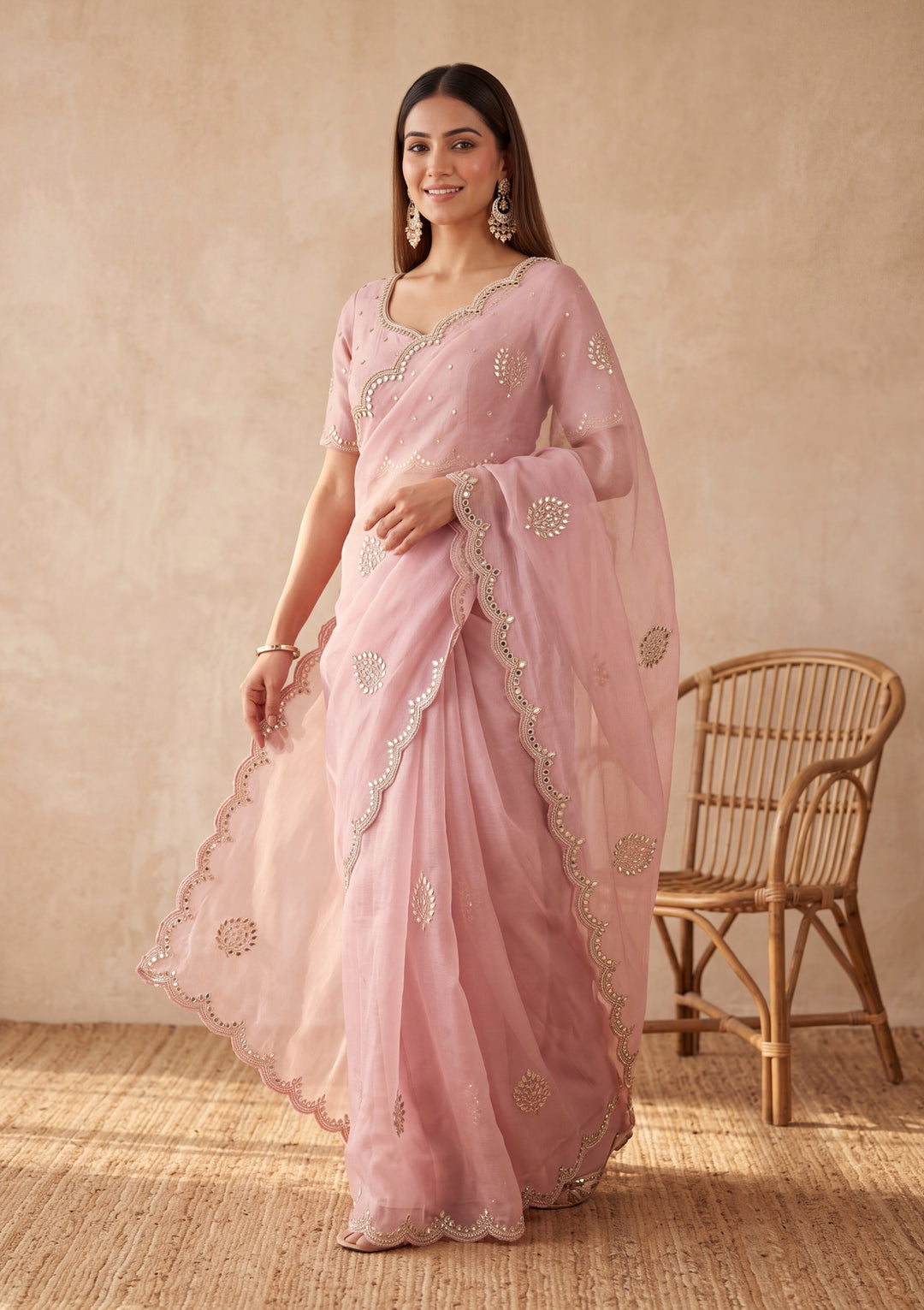 Pink Tissue Mirrorwork Saree With Matching Blouse Piece