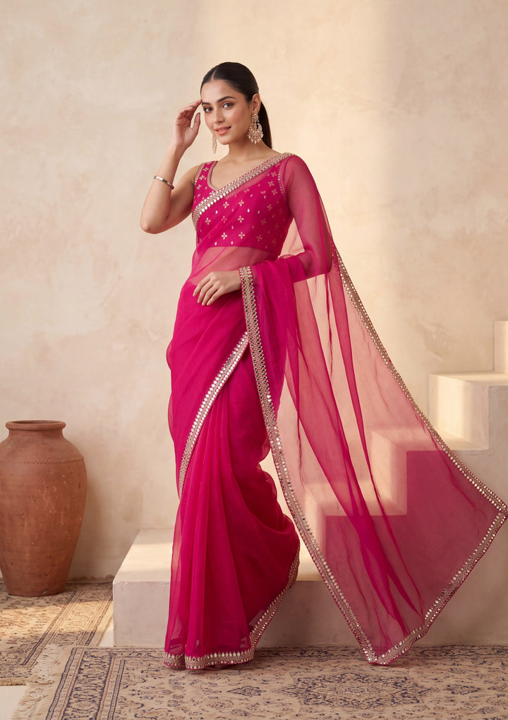 Rani Pink Georgette  Mirrorwork Saree With Matching Blouse Piece