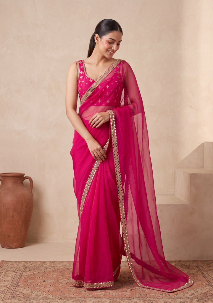 Rani Pink Georgette  Mirrorwork Saree With Matching Blouse Piece