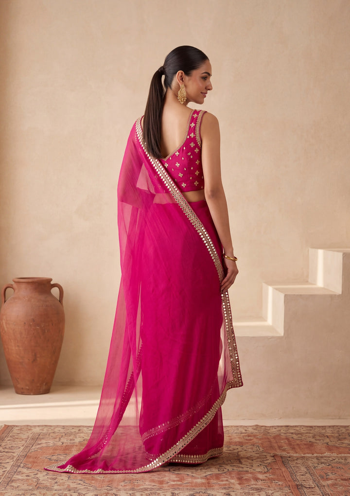 Rani Pink Georgette  Mirrorwork Saree With Matching Blouse Piece