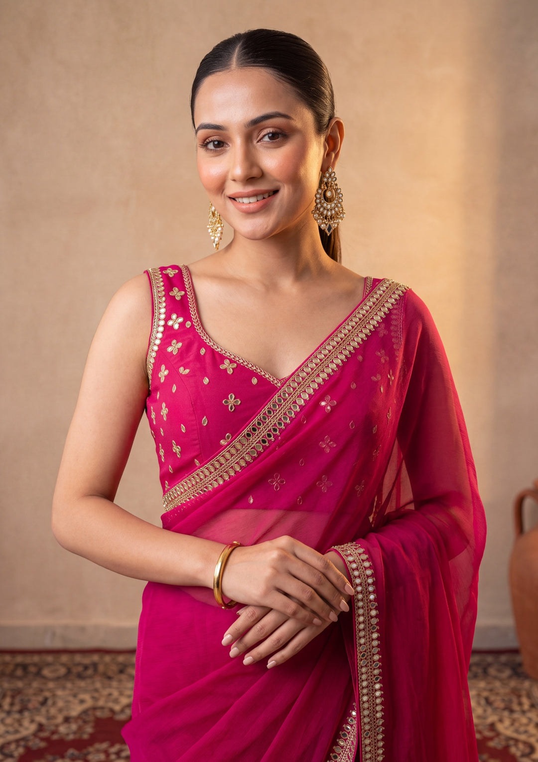 Rani Pink Georgette  Mirrorwork Saree With Matching Blouse Piece