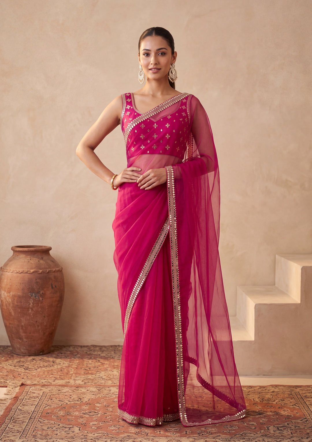 Rani Pink Georgette  Mirrorwork Saree With Matching Blouse Piece
