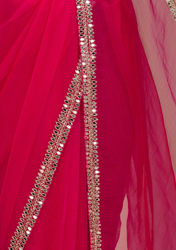 Rani Pink Georgette  Mirrorwork Saree With Matching Blouse Piece