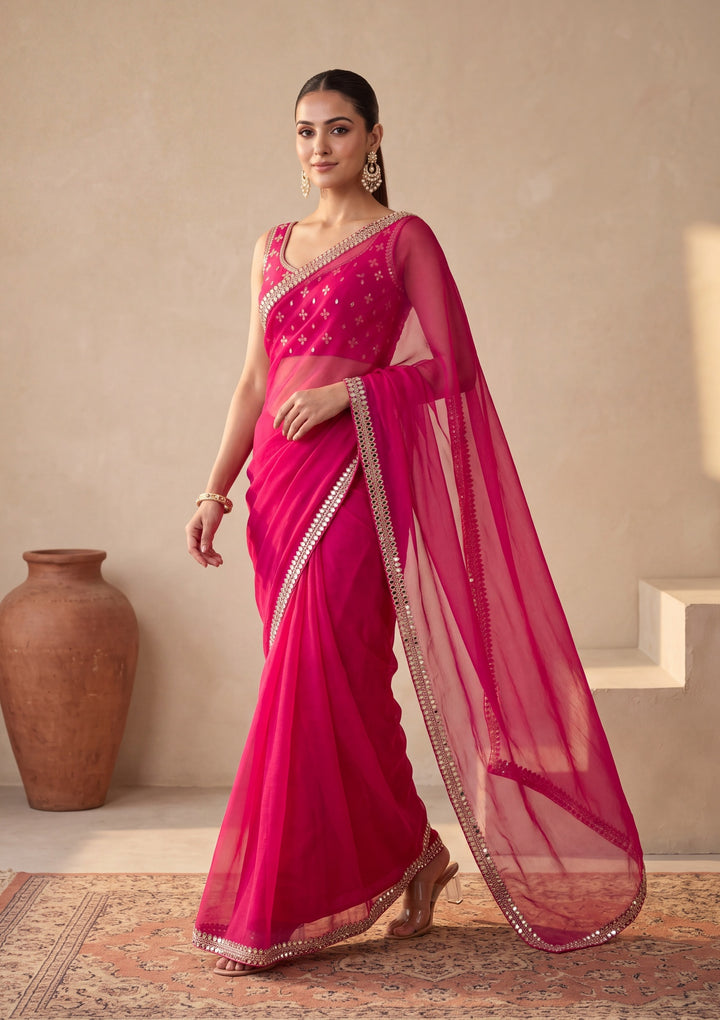 Rani Pink Georgette  Mirrorwork Saree With Matching Blouse Piece