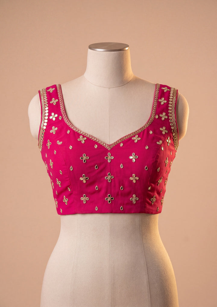 Rani Pink Georgette  Mirrorwork Saree With Matching Blouse Piece