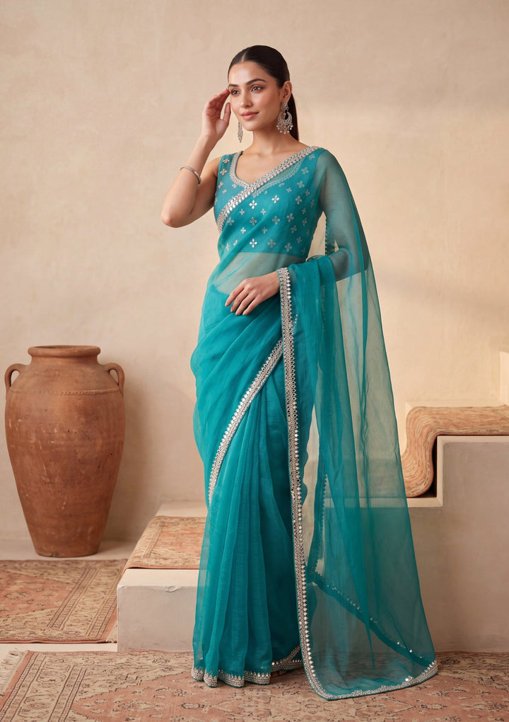 Turquoise Blue Georgette  Mirrorwork Saree With Matching Blouse Piece